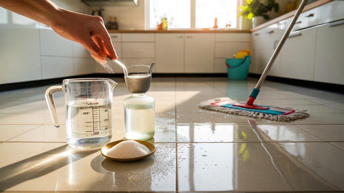 “Una cucharada de vinagre y sal: el truco que deja el suelo brillante y sin marcas”