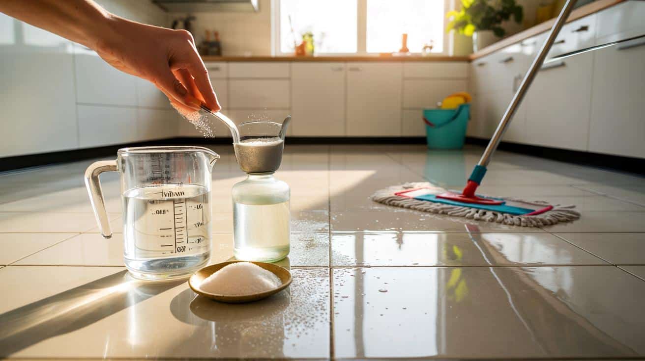 “Una cucharada de vinagre y sal: el truco que deja el suelo brillante y sin marcas”